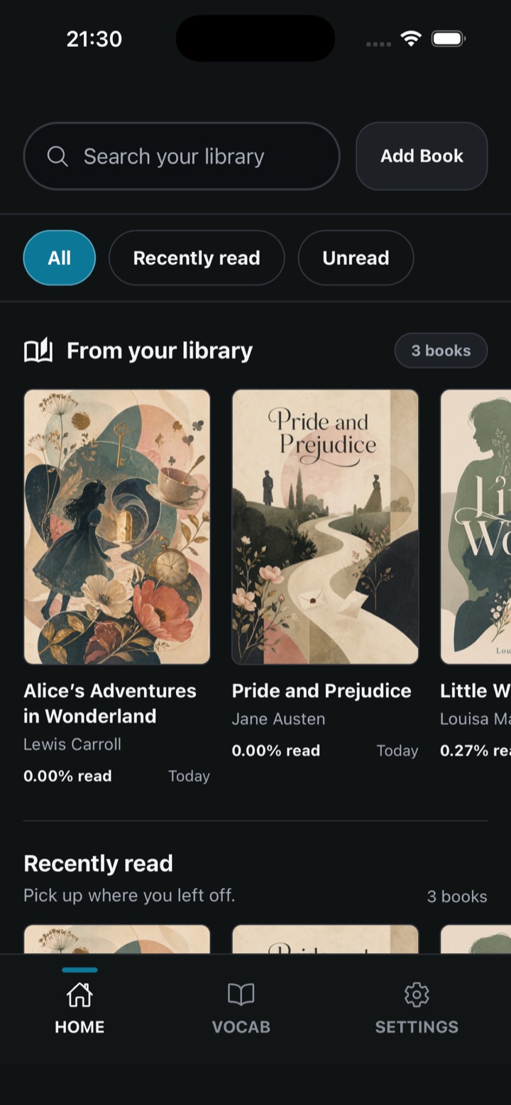 مكتبة ClickBook وفيها ثلاثة كتب بأغلفتها وتقدُّم القراءة.