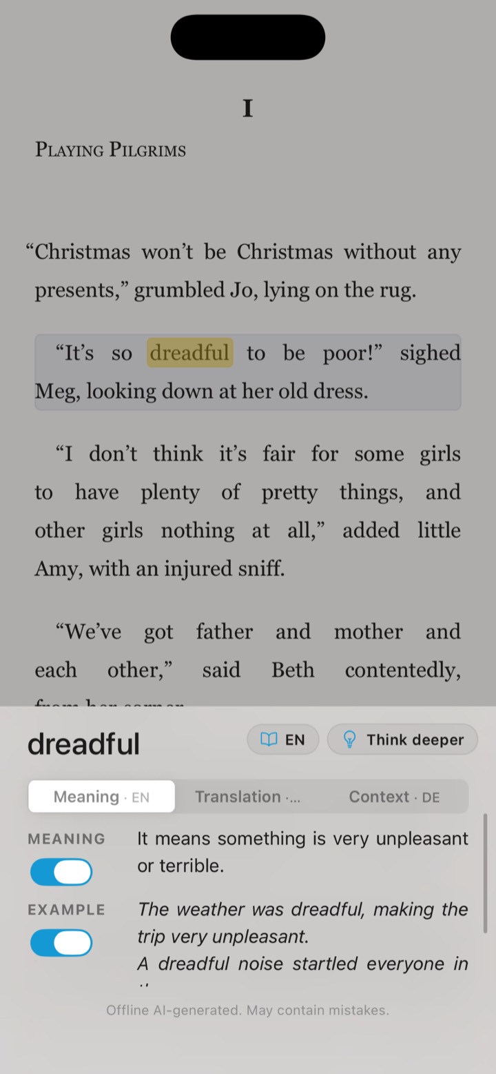 صفحة من Little Women وقد نُقرت فيها كلمة dreadful، مع لوحة تشرح أنها تعني شيئًا بالغ السوء، وفيها جمل أمثلة.